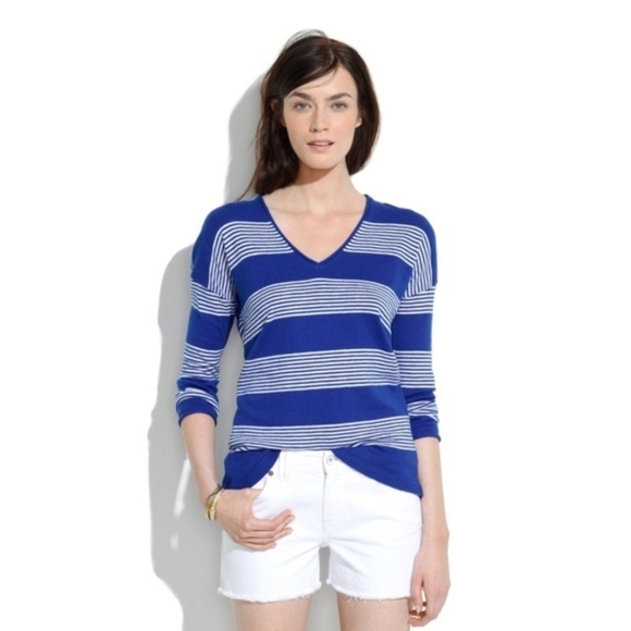 Madewell Deckhouse Striped Pullover Sweater Wool Blend Blue Casual Comfy V Neck - Picture 1 of 10